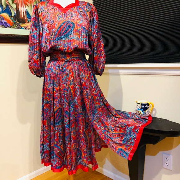 Diane Freis Red Holiday Dress Paisley Rich Gypsy Bohemian Style -Xmas OSFM - Picture 11 of 13